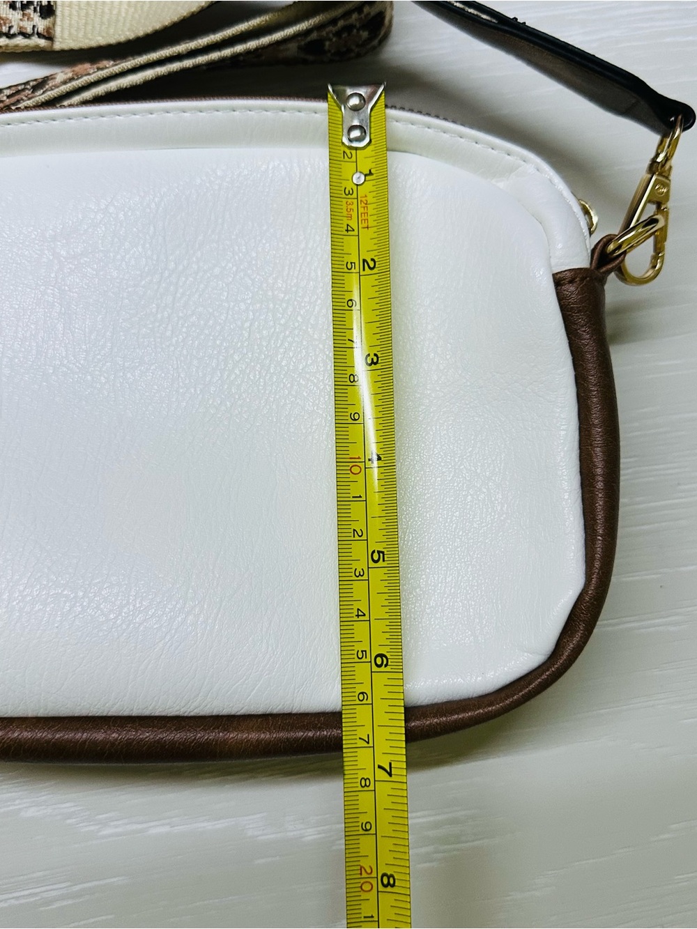 Women's White and Brown Crossbody Bag with Floral Jacquard Strap - Picture 9 of 10